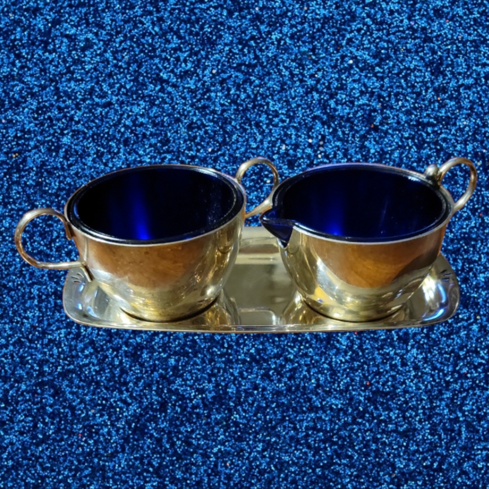 Vtg 60s Silver Plated W/Blue Glass Inserts Cream & Sugar Set On Tray England